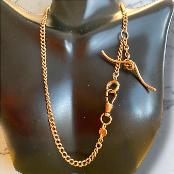 Jewelry - Vintage 14k Rose Gold 15.5” Watch Chain Dog Clip Moustache 3.5mm Curb Necklace!